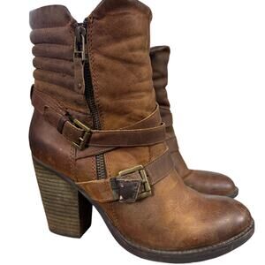 Steve Madden Raleighh Cognac Leather High Chunky Heel Boots Booties Shoes sz 8